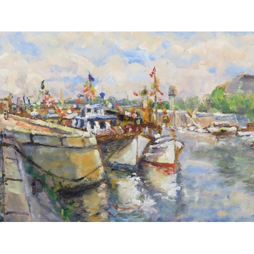 586 - Mercer (1952) - 'Harbour Scene', oil on board, signed and dated, 33cm x 41cm, framed.
Condition repo... 