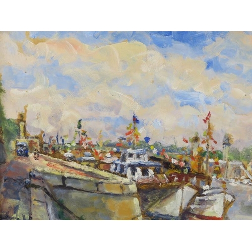 586 - Mercer (1952) - 'Harbour Scene', oil on board, signed and dated, 33cm x 41cm, framed.
Condition repo... 