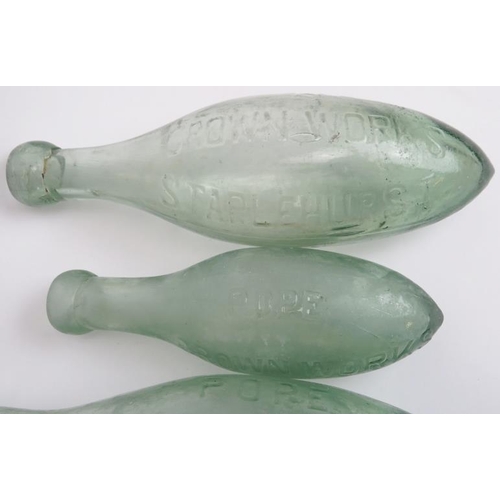 64 - Five Victorian torpedo carbonated water bottles. Four inscribed ‘Pope - Crown Works Staplehurst’. 24... 