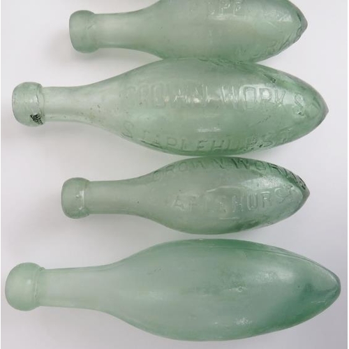 64 - Five Victorian torpedo carbonated water bottles. Four inscribed ‘Pope - Crown Works Staplehurst’. 24... 