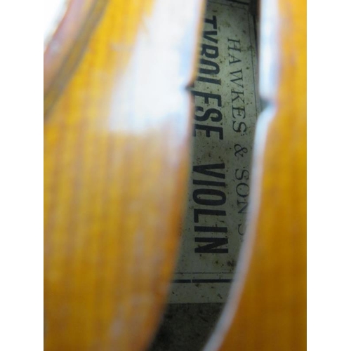 79 - A Hawkes & Sons Tyrolese violin 4/4, circa 1930. Internal makers label to violin. Original Hawkes & ... 