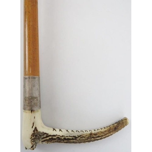 80 - A late Victorian Malacca, silver and antler horn hunting whip. With an L shaped antler handle, silve... 