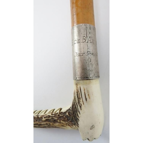 80 - A late Victorian Malacca, silver and antler horn hunting whip. With an L shaped antler handle, silve... 