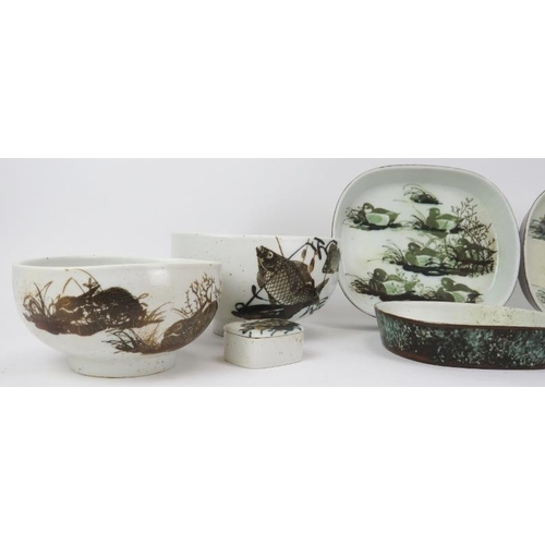 91 - A group of Royal Copenhagen ceramic stoneware items. Comprising four bowls, four trays, rectangular ... 