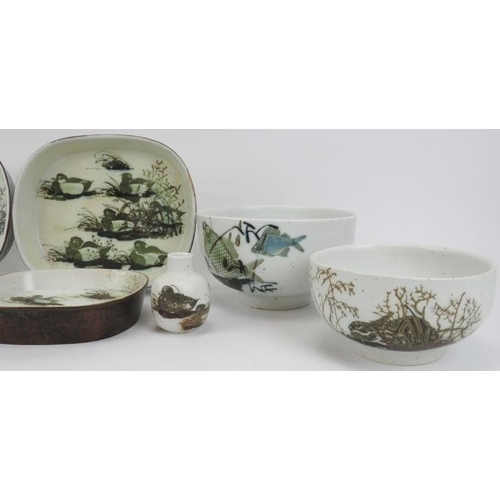 91 - A group of Royal Copenhagen ceramic stoneware items. Comprising four bowls, four trays, rectangular ... 