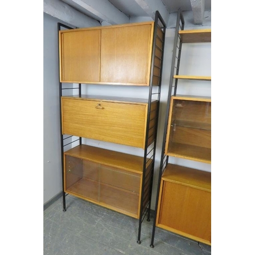 709 - A mid-century teak 'Ladderax' two-bay modular wall system by Staples & Co, comprising two glazed dis... 