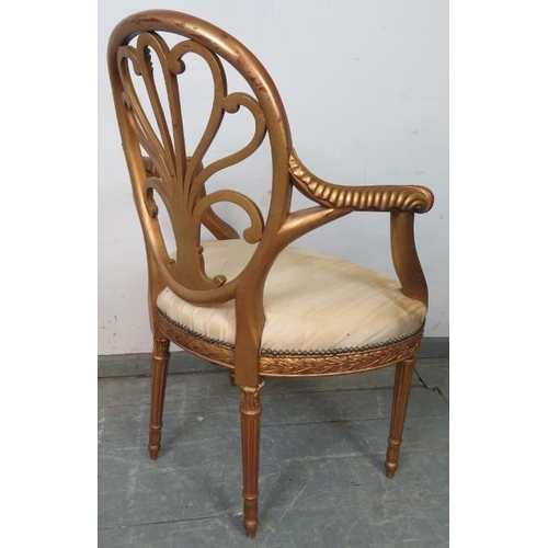 735 - A vintage giltwood open-sided elbow chair in the Louis XV taste, the pierced back with scrolling aca... 