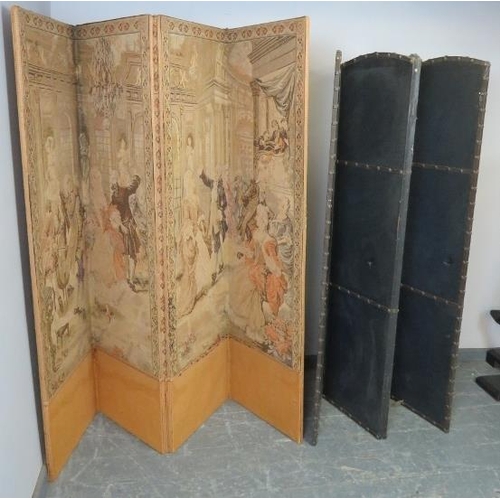 743 - An antique four-section folding screen, the tapestry material depicting scenes of a Renaissance ball... 