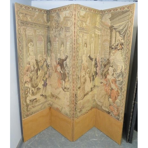 743 - An antique four-section folding screen, the tapestry material depicting scenes of a Renaissance ball... 