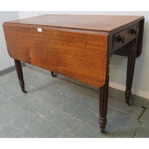 753 - A William IV mahogany Pembroke table, housing a single cock-beaded drawer and dummy drawer, on taper... 