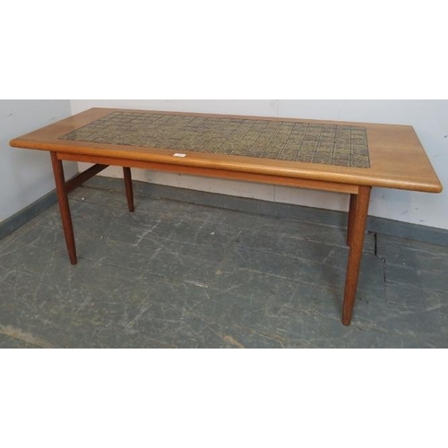 760 - A mid-century teak rectangular coffee table, attributed to Johannes Andersen for PBS, with inset gre... 