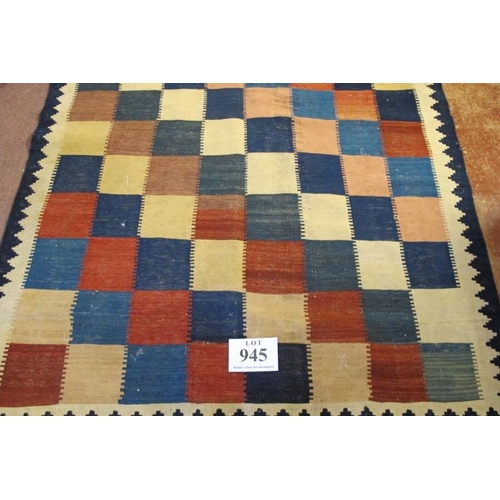 945 - South West Persian Qashqai Kilim chequer board effect rug, vibrant colours in good condition. 
188 x... 