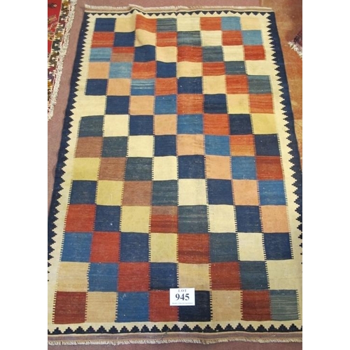 945 - South West Persian Qashqai Kilim chequer board effect rug, vibrant colours in good condition. 
188 x... 