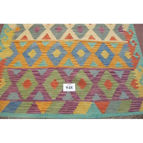 948 - Anatolian Turkish Kilim rug, good strong vibrant colours with diamond pattern. Good condition. 197 x... 