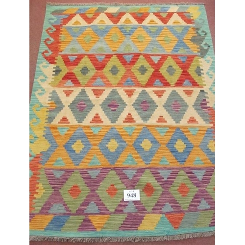 948 - Anatolian Turkish Kilim rug, good strong vibrant colours with diamond pattern. Good condition. 197 x... 