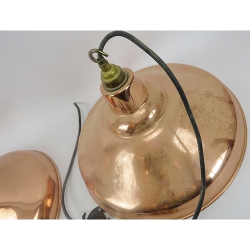 10A - Pair of modern lamp shades copper and painted, ceiling hanging with fittings. 15