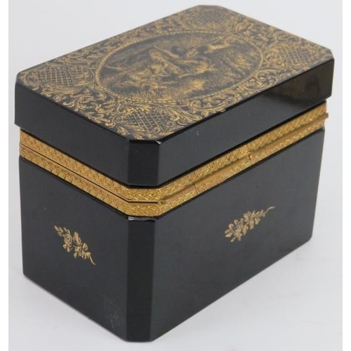 1 - A French gilt decorated black glass jewellery trinket casket, 19th century. With gilt metal mounts, ... 