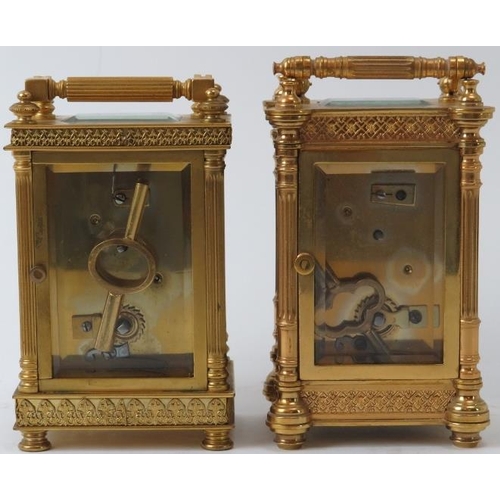 102 - Two gilt brass carriage clocks, early 20th century. (2 items) 13 cm height, 13.7 cm height. 
Conditi... 