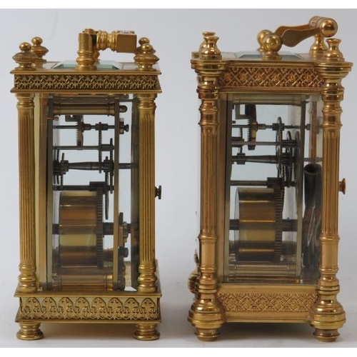 102 - Two gilt brass carriage clocks, early 20th century. (2 items) 13 cm height, 13.7 cm height. 
Conditi... 