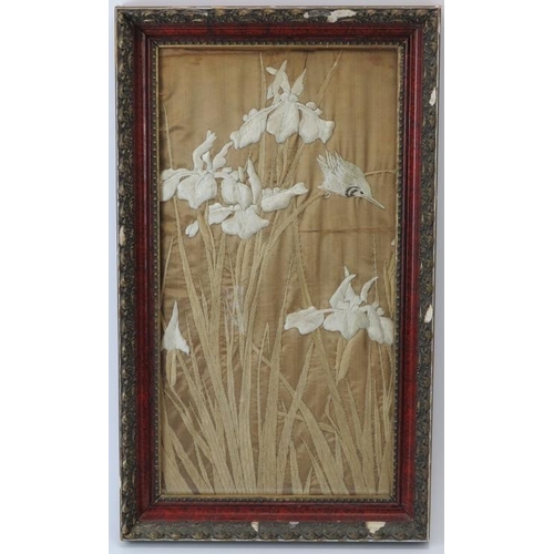 130 - A Chinese embroidered silk panel depicting a bird amongst Iris flowers, early 20th century. Framed a... 