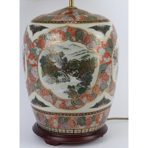 138 - A large Japanese satsuma decorated porcelain table lamp, late 20th century. 73 cm height including s... 