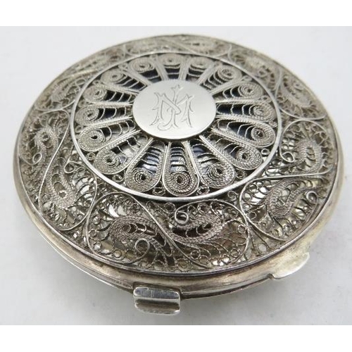 308 - An Iranian Niello & filigree compact with Niello sailing boat on the reverse and inside, 'Abadan 194... 