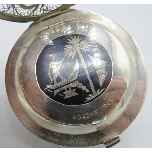 308 - An Iranian Niello & filigree compact with Niello sailing boat on the reverse and inside, 'Abadan 194... 