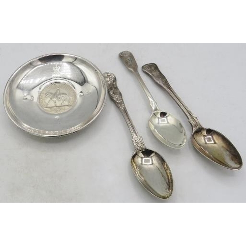 309 - Two Georgian silver teaspoons, a Victorian silver teaspoon and an Elizabeth II silver commemorative ... 