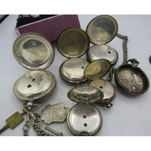 378 - A collection of six silver cased pocket watches, one marked '800', a silver watch case, in a ladies ... 