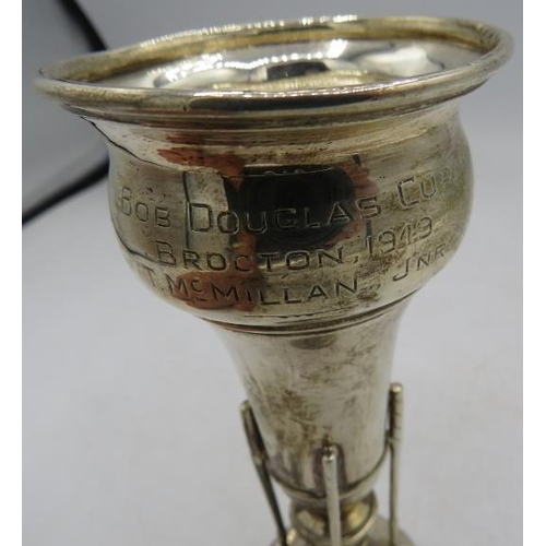 474 - A silver vase golfing trophy decorated with four golf clubs, Birmingham 1948, engraved 'Bob Douglas ... 