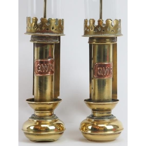 50 - A pair of Great Western Railway brass and glass wall mounting carriage candle lamps. Both bearing GW... 