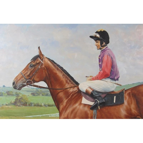 511 - Peter A. Smith (Scottish, b. 1949) - 'Dunfermline' (Jockey on a racehorse), oil on board, signed, ti... 