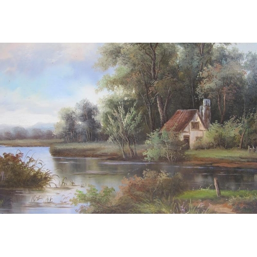 549 - J. Robertson (20th century) - 'Rustic cottage in a river landscape', signed oil on board, 24cm x 34c... 