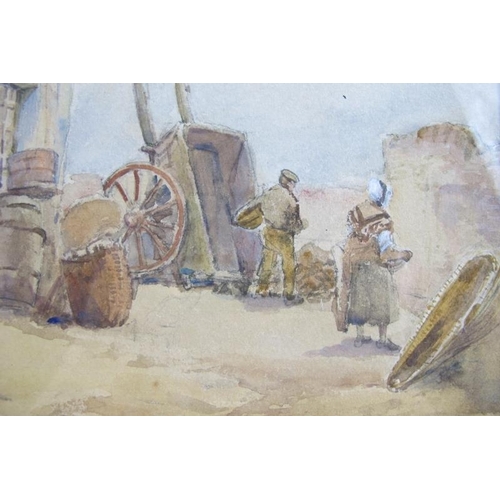 553 - British School (19th century) - 'Figures outside a rustic cottage', watercolour, indistinctly signed... 