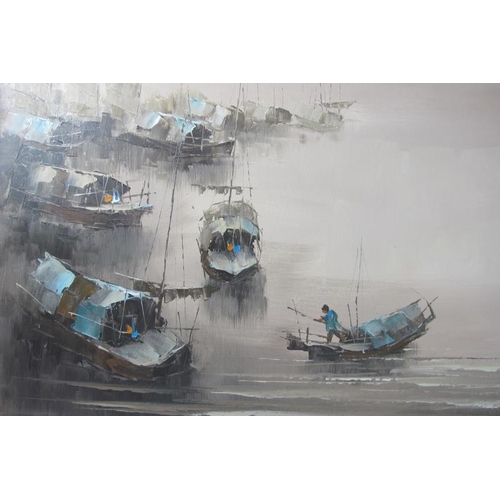 569 - Yiu Wong Tam (Chinese, b.1943) - 'Junks on the river', oil on canvas, signed, 75cm x 150cm, framed.
... 