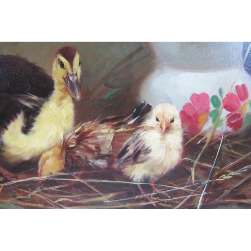 574 - Giovanni Sanvitale (Italian, b. 1935) - 'Ducklings & Chicks', oil on board, signed, labels verso 'E.... 