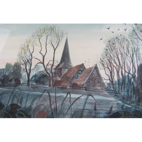 577 - Robert Tavener (British, 1920-2004) - 'Church and Meadows', watercolour, signed, 40cm x 57cm, framed... 