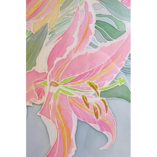 579 - Annie Soudain (British, contemporary) - 'Pink Lillies', wax-resist painting on silk, signed, artists... 