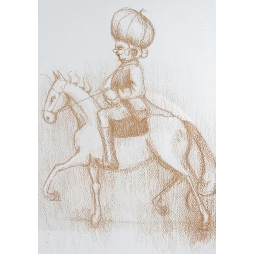 583 - C. Hardie (2006) - 'Gentrified figures on horseback', a pair, red pastel on paper, signed and dated ... 