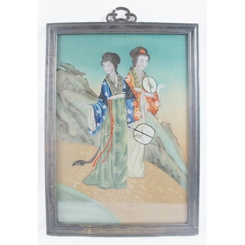 598 - Chinese School (20th century) - 'Two ladies in landscape setting', reverse glass painting, 48cm x 33... 