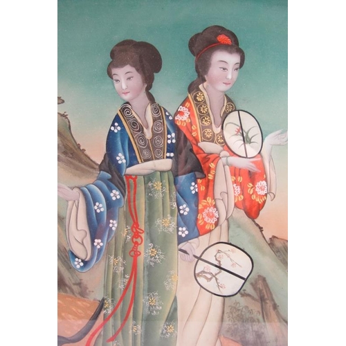 598 - Chinese School (20th century) - 'Two ladies in landscape setting', reverse glass painting, 48cm x 33... 