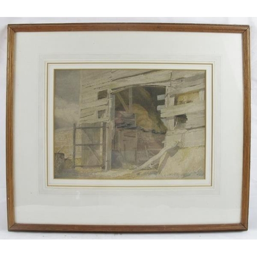 599 - Lyndon Goodwin Harris RSW RWA (1928-2006) - 'An old barn', watercolour, labels verso for Royal Insti... 