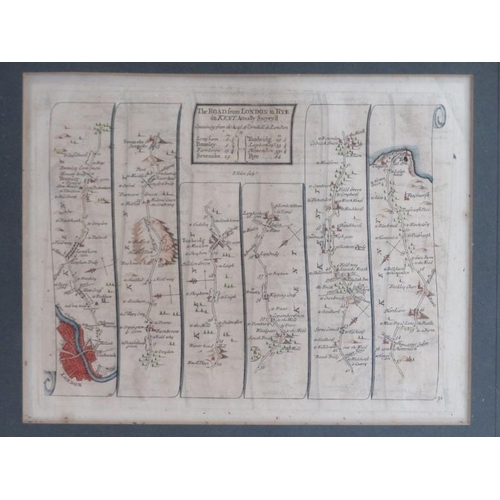 60 - An engraved and hand coloured historical map of ‘The Road from London to Rye’ by John Senex, early 1... 