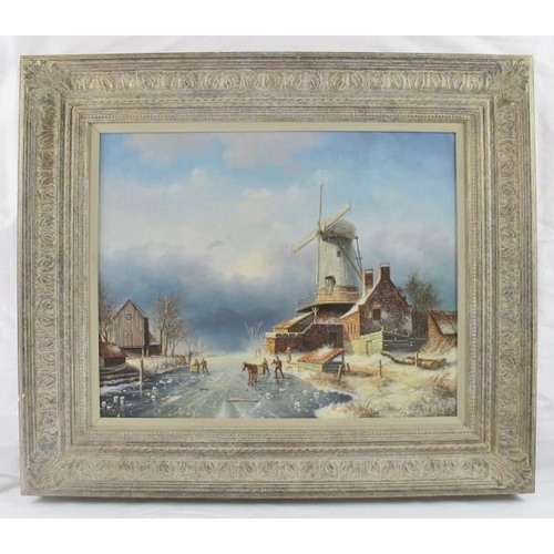 602 - H. Hess (20th century) - 'Dutch Winter landscape', oil on board, signed, label verso for 'National F... 