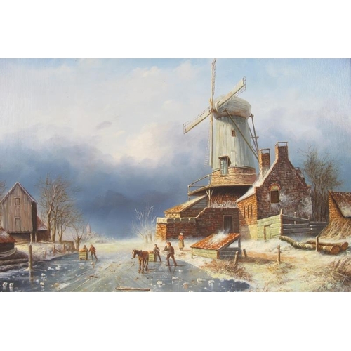 602 - H. Hess (20th century) - 'Dutch Winter landscape', oil on board, signed, label verso for 'National F... 