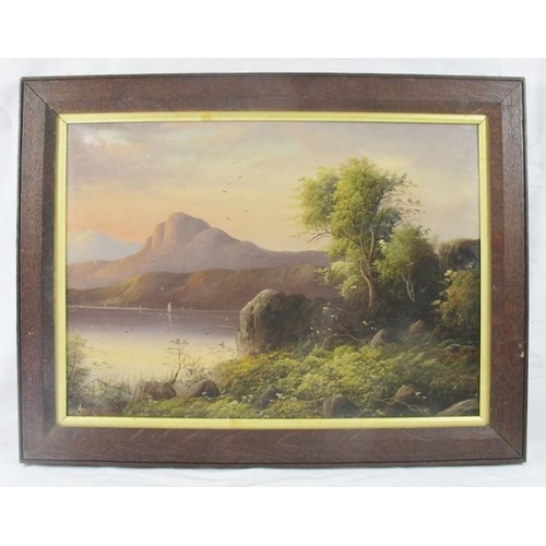 604 - British School (19th century) - 'Mountainous lake scene' (probably Scotland), oil on canvas, indisti... 