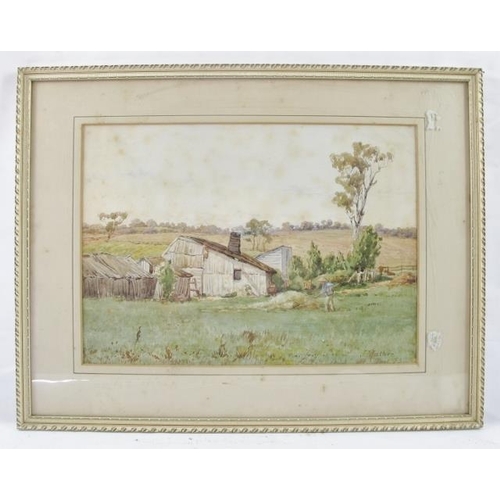 605 - John Robert Mather (1834-1879) - 'Australian Homestead', watercolour, signed and dated (18)83, label... 