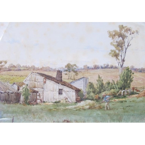 605 - John Robert Mather (1834-1879) - 'Australian Homestead', watercolour, signed and dated (18)83, label... 