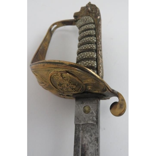 73 - A Royal Naval Officers boarding sword, 19th century. With a wire bound shagreen handle grip and fold... 