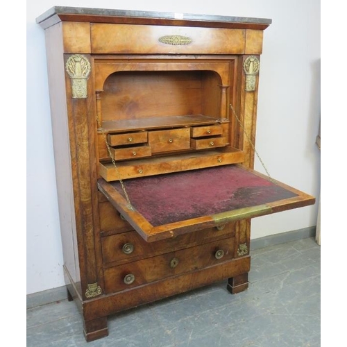 716 - A 19th century French Empire walnut escritoire with black marble loose top, having ornate gilt brass... 